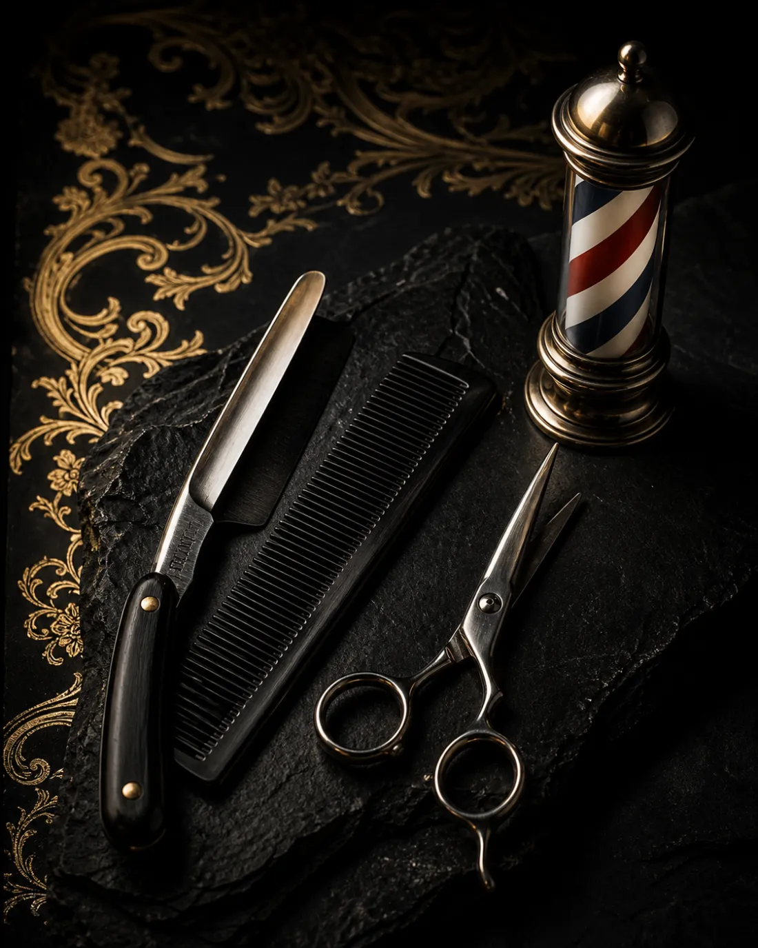 A straight razor, comb, shears and a brass barber pole laid on black slate beside gold filigree